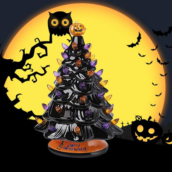 Sort Keramisk Halloween-træ med orange og lilla lys, forbelyst