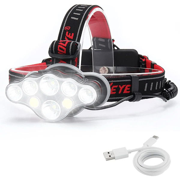 Oppladbar hodelykt, Super Lumen 18000, 8 LED-lysmoduser, P