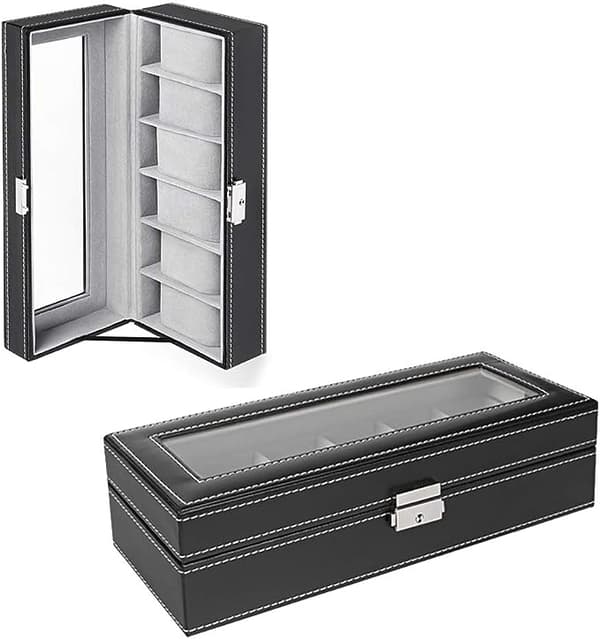 6 rum læderurkasse displayboks arrangør glas smykkeopbevaring