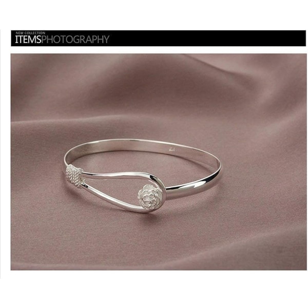Elegant Clip-On Button Dam Silver Armband Floral Design Silve