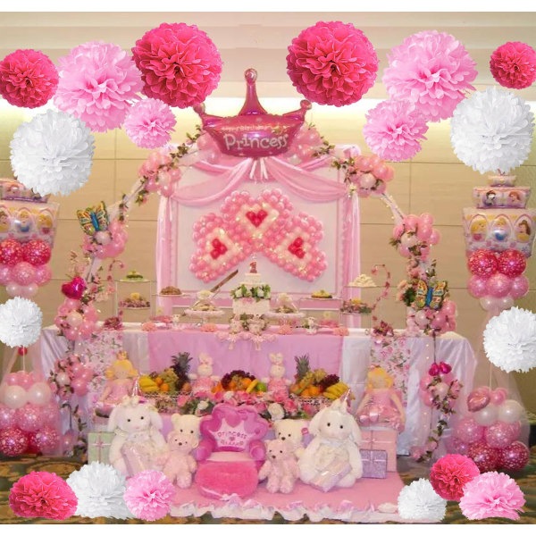 18 rosa, sidenpappers tofsar, pappersblombollar för födelsedagsfest