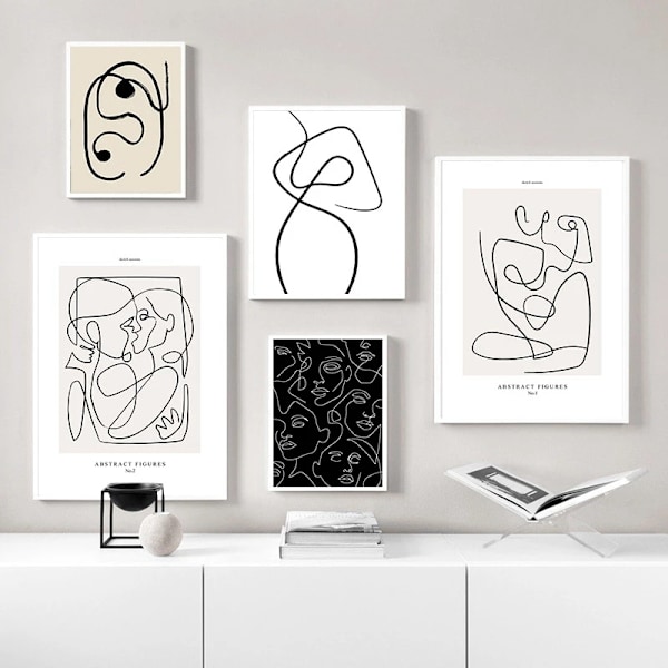 Luovat, minimalistiset, abstraktiset viivat, ihmiskasvokuviot, kangas