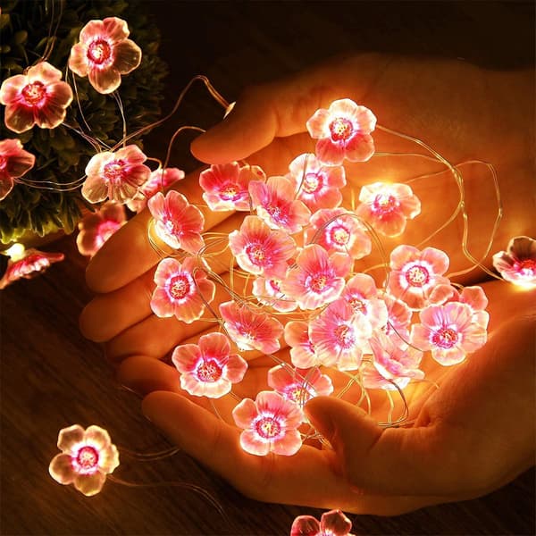 Lyskæde med 40 lyserøde LED-lys i form af kirsebærblomster, USB og ba