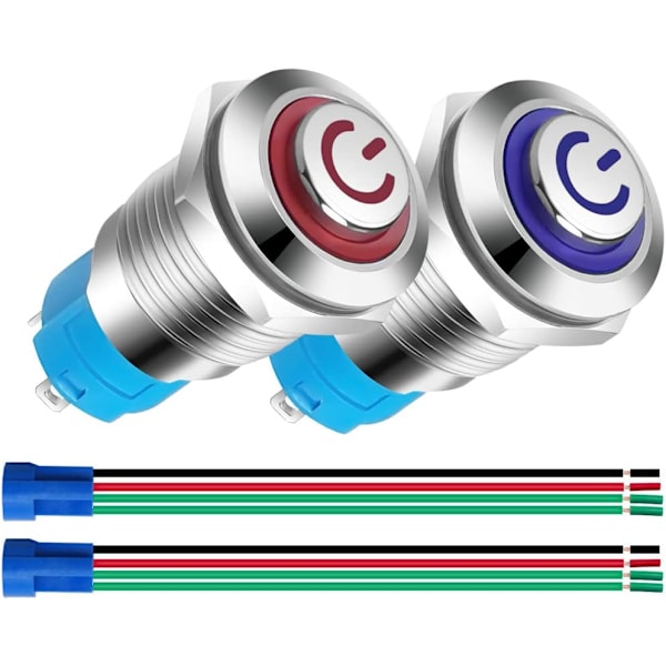 2-pack 12mm 12V 24V 3A rostfritt stål självlåsande tryckknapp