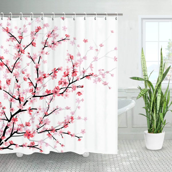 180 * 180cm fabric bathroom curtain with hooks, cherry blossom ro