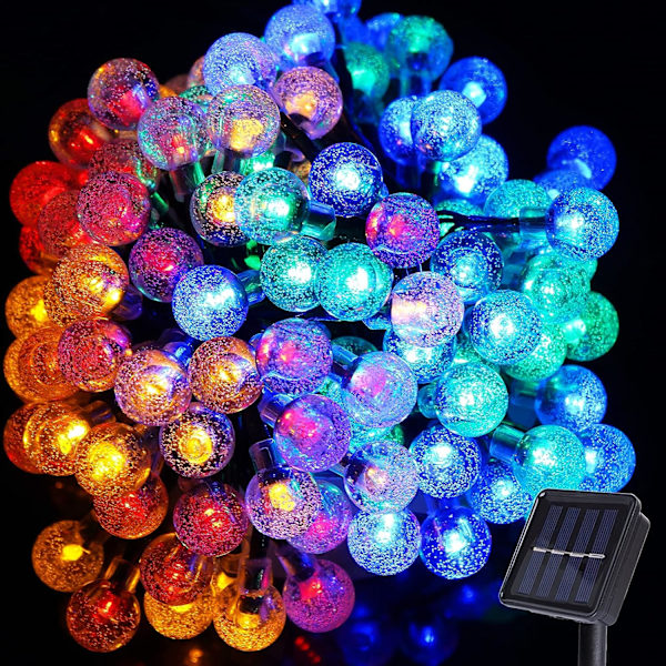 Solcelledrevne lyskæder, 100 LED'er 12M farvede krystalkuglelys, 8 tilstande