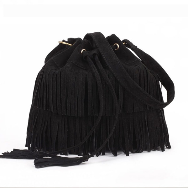 Musta, uusi muodikas naisten mokkanahkainen tupsukäsilaukku, tupsu yksi s