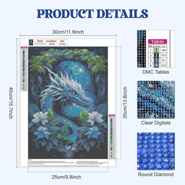 30x40cm Dragon Diamond Painting Kits, 5D White Dragon Diamond Pai