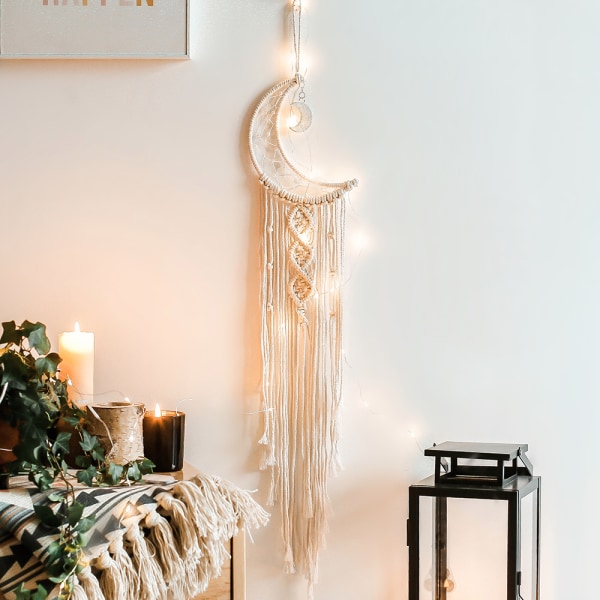 Bohemian Macrame Wall Hanging with LED Light, Cotton Knitted Drea