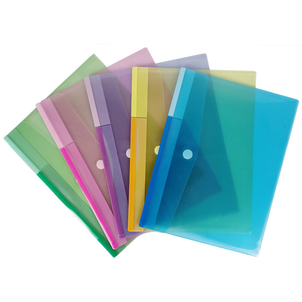 6 opunsade plastfickor för dokument, checkstorlek - 6 färger (blå, lila, grön, gul, rosa, transparent)