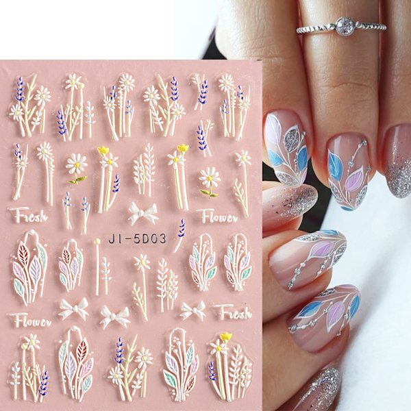 10 ark 5D präglade blomsterblad nagelkonst klistermärken