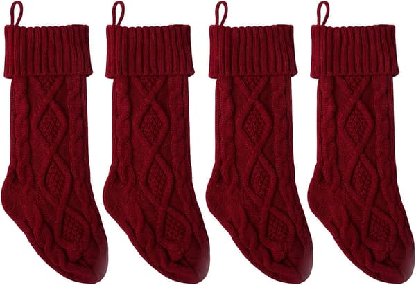 14\" 4-pack unika vinröda stickade julstrumpor, stil 2