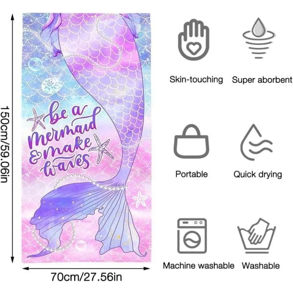 1 stk mikrofiber strandhåndkle, 70x150cm, havfrue, polyester, jenter,