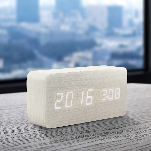Trädigital väckarklocka, trä multifunktionell LED väckarklocka