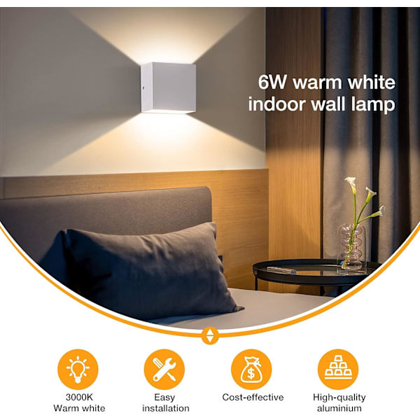 4 stk. LED indendørs væglampe, 3000K indendørs væglamper, 6W LED væglampe