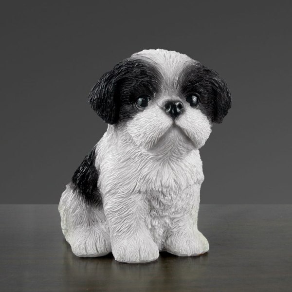 Resin Ornament, Siddende Shih Tzu Hund - Sort/Hvid