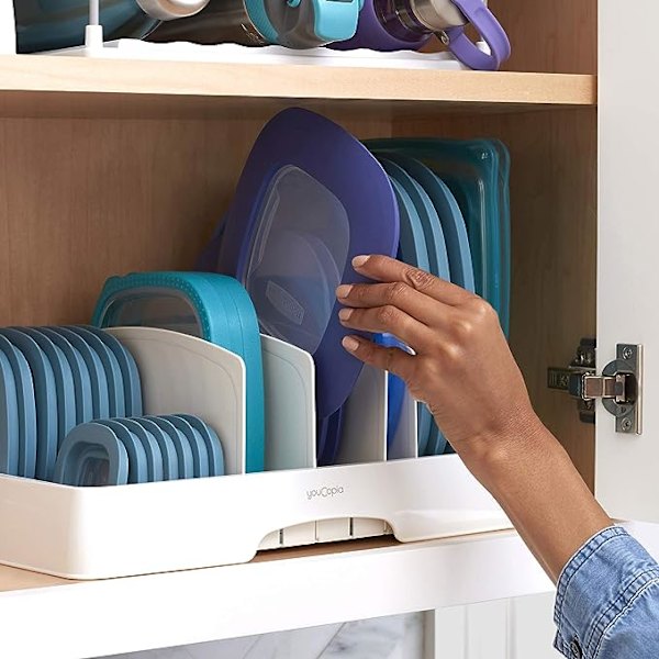 Förvaringsorganisatör för matbehållarlock, stor justerbar plastlockförvaring