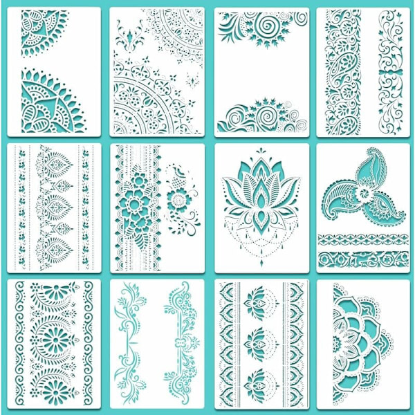 12 kappaletta suurta mandala-stencilit, uudelleenkäytettävät mandala-maalauksen mallit