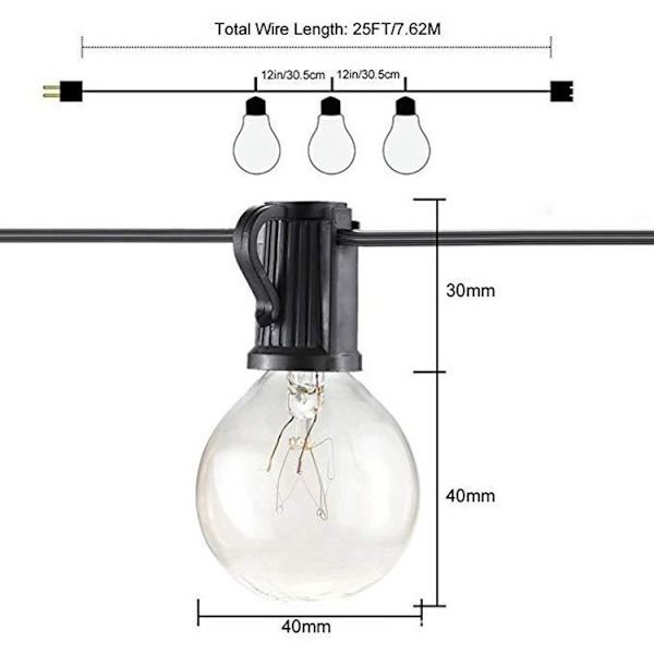 Udendørs lyskæde 25 fod G40 Globe Patio Lights med 25 Edis