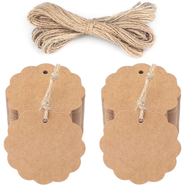 6 cm pyöreä kraft-paperilappu, 100 kpl lahjatunnistetta 20 m juuttinarulla,