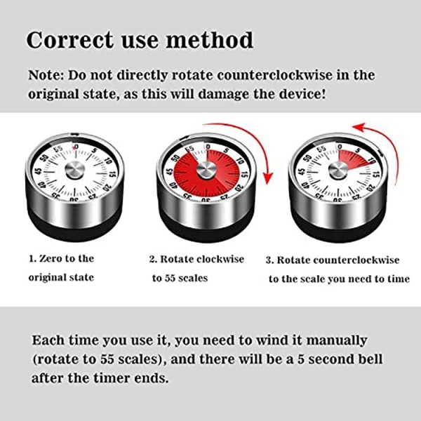 Visuel analog timer, 55 minutter, køkkentimer, nedtælling for børn