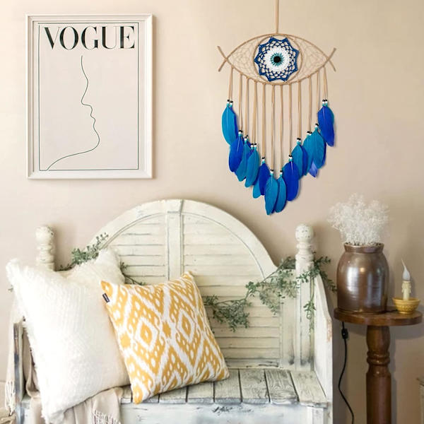 Macrame Evil Eye Dream Catcher Håndvævet Hvide Fjer Dreamcat