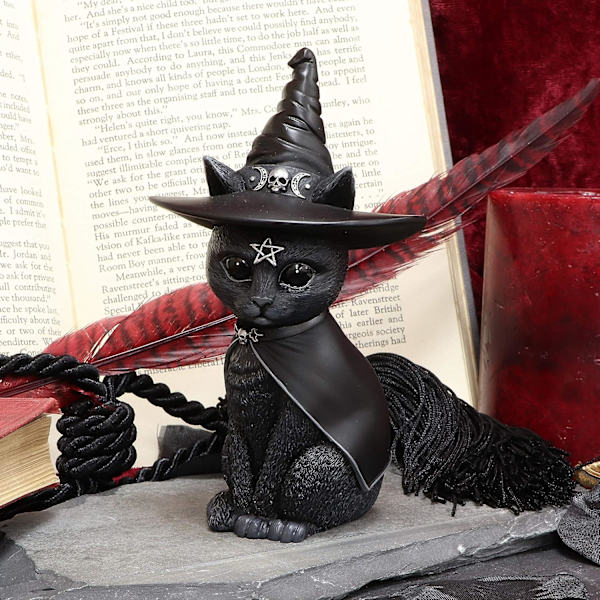 Svart häxhatt mystisk kattstaty 10,5 cm, fristående djurskulptur