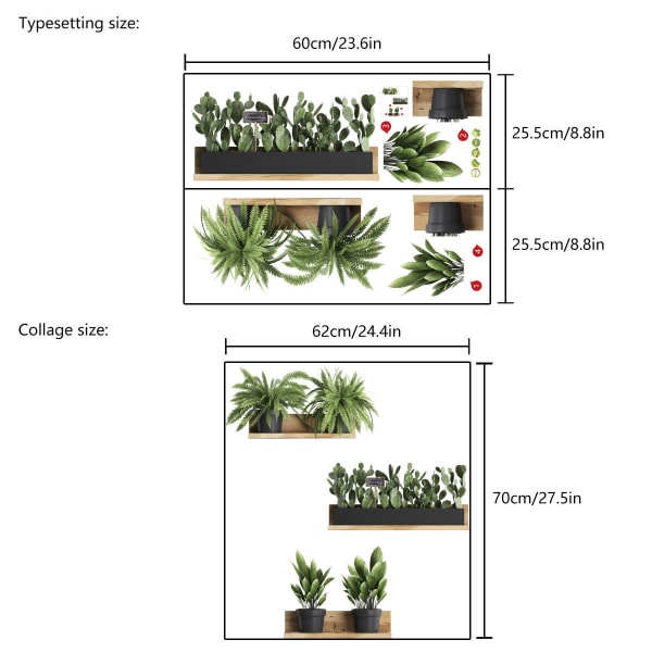 Veggklistremerker for potteplanter, grønn planteveggklistremerke 62 x 70 cm, D