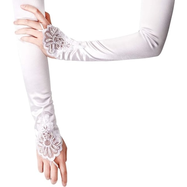 Fingerlösa långa vita handskar Genomborrad armbågslängd Satin Stretchy