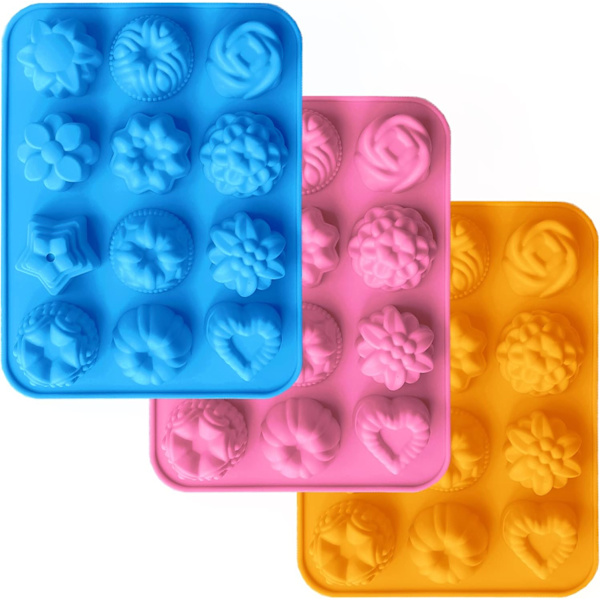 3 delar, rosa, blå, orange, molds i silikon, fondan med 12 håligheter