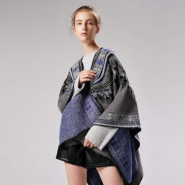 Grå Vintage Poncho Kappe Tassel Sjal Wrap Cardigan C til kvinder