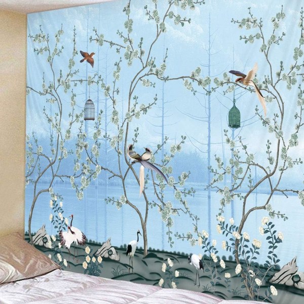 1 stk Stor Bohemian Wall Tapestry Blå Blomster og Fugle Vægophæng