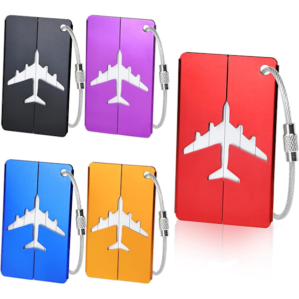 5 stk (7,5 x 4,5 cm, 5 farger) bagasjelapper, aluminium koffert