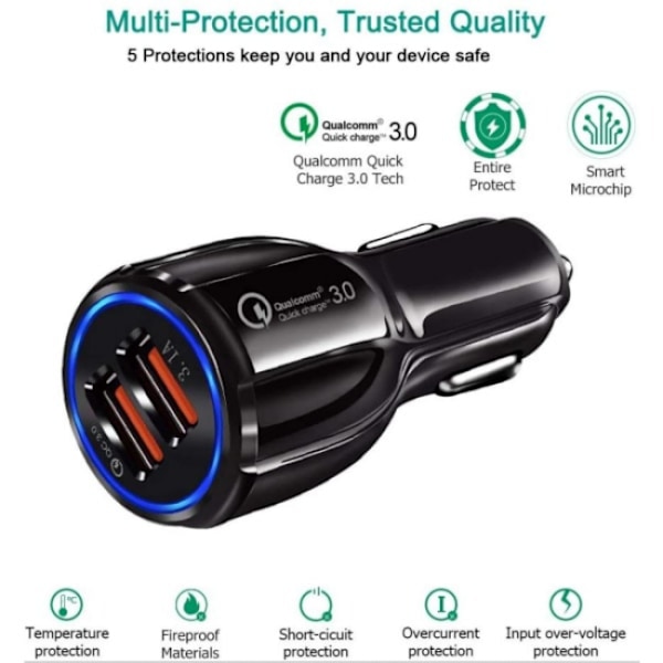 Billaddare Snabbladdare USB 38W Snabbladdning iPhone/Samsung Bla