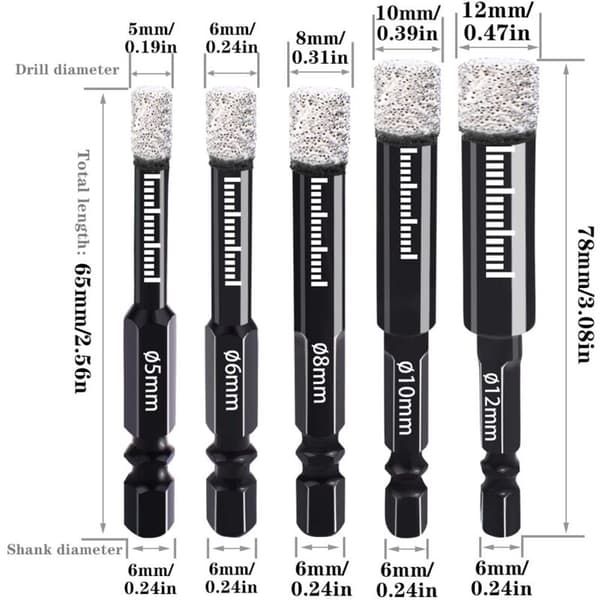 Diamantbor 5mm 6mm 8mm 10mm 12mm Bor Bits Diamantbor