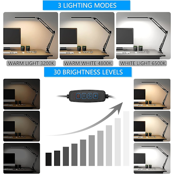 LED-skrivebordslampe med klips, dimbar leselampe med øyebeskyttelse