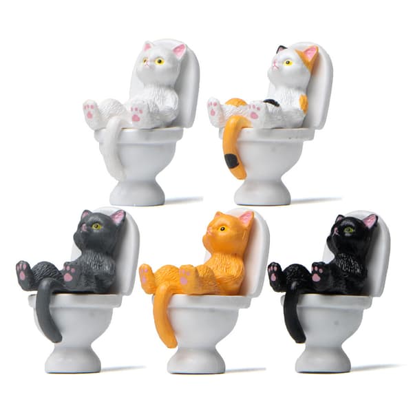 5 stk. sæt med 5 katte, der sidder på toilettet, mini-skrivebordsornament