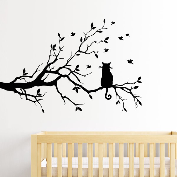 Branch Leaves & Cat Wall Decal Sticker Flyttbar Vinyl Bird Wall