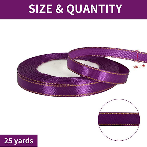 Lilla satinbånd med guldkanter, 1 cm x 23 m, polyesterstof