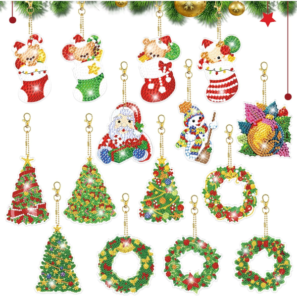 (Single side) 15Pcs Christmas Diamond Painting Keychain,DIY Chris