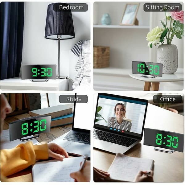 Grön, digital väckarklocka i sovrummet, LED-spegeldisplay, 12/24