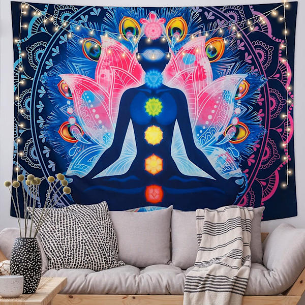 Seitsemän chakran seinävaate värikäs psykedeelinen mandala seinävaate jooga