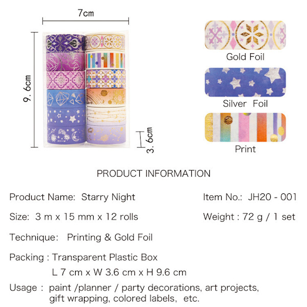 Washi Tape Set 3m x 15mm Stjärnhimmel Guldfolie Maskeringstejp Deko