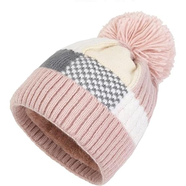Pink hue strikkede hue til kvinder med pompon - Varm vinterhue