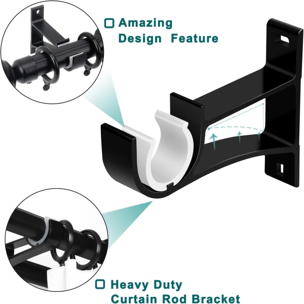 Sæt med 6 sorte Heavy Duty gardinstangbeslag til gardinstænger