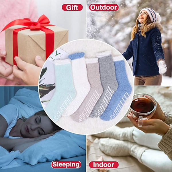 Tofflorstrumpor för kvinnor och flickor, 5 par varma mysiga sängsockor