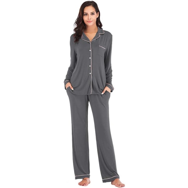 Pysjamassett for kvinner, langermet pyjamas med knapper, 2-delt dame