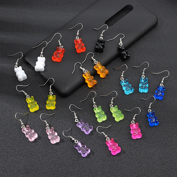 11 par Gummy Candy Bear Øredobber Resin Bear Drop Fargerik Carto