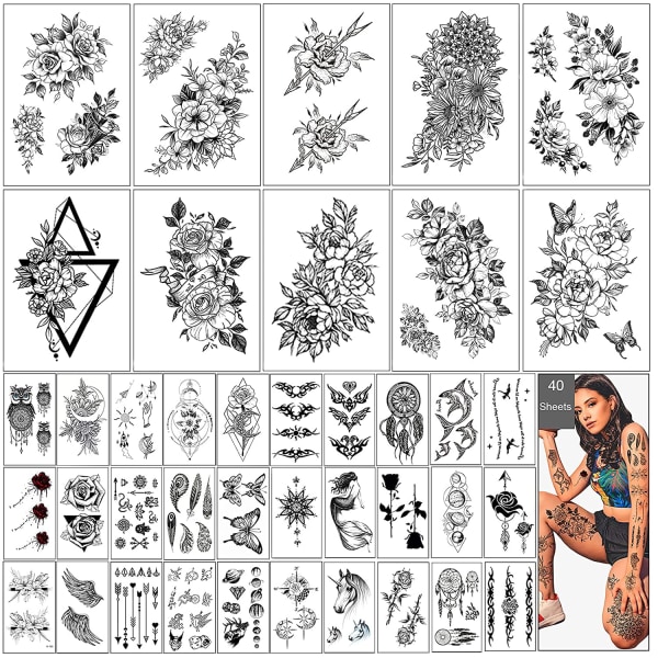 Midlertidige tatoveringsmærker 30 ark Store vandtætte blomster Ros