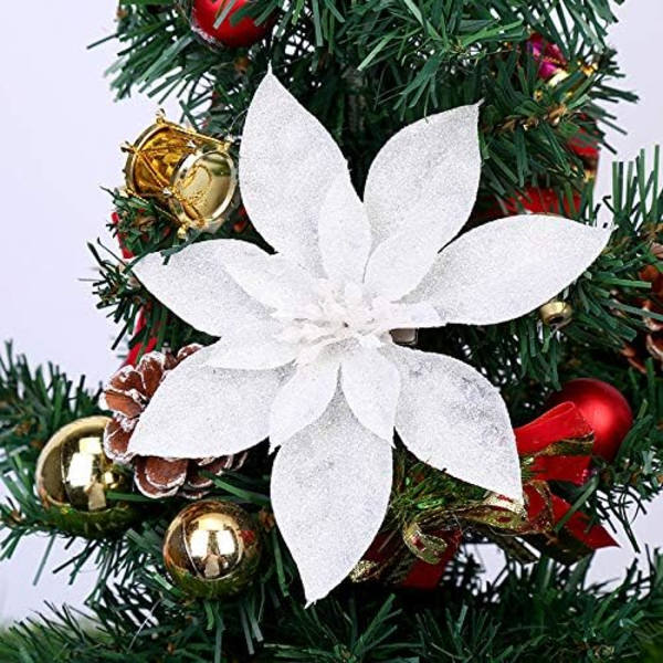 (Vit, 15CM) 10 st Glitter Julblommor med Konstgjord Po